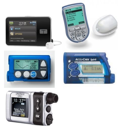 Figure 9. Examples of four modern-day insulin pumps. Upper left is the Medtronic MiniMed Paradigm 722 pump; upper right is the Animas Ping insulin pump; lower left is the Insulet Omnipod insulin pump; – the insulin delivery piece (right) is disposable and operated by the controller (left); the lower right is the Roche Spirit.